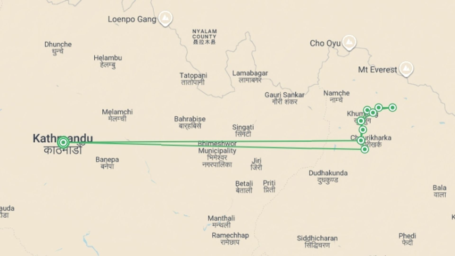 A map showing the tour itinerary for the trip: Everest Family Trek in Comfort, starting in Kathmandu, Nepal and ending in Kathmandu, Nepal going through 9 other destinations.