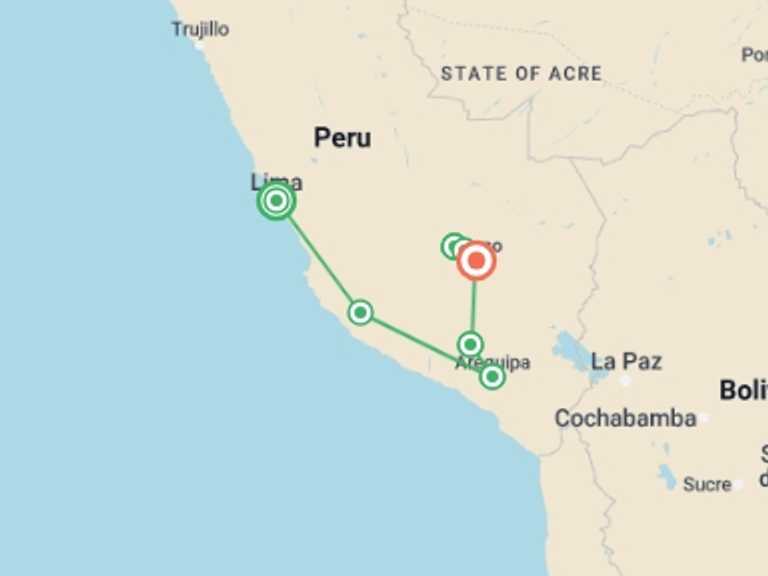 Map of Lima Tour with 8 destination visits for the trip: Peru: Ancient Cities & the Andes