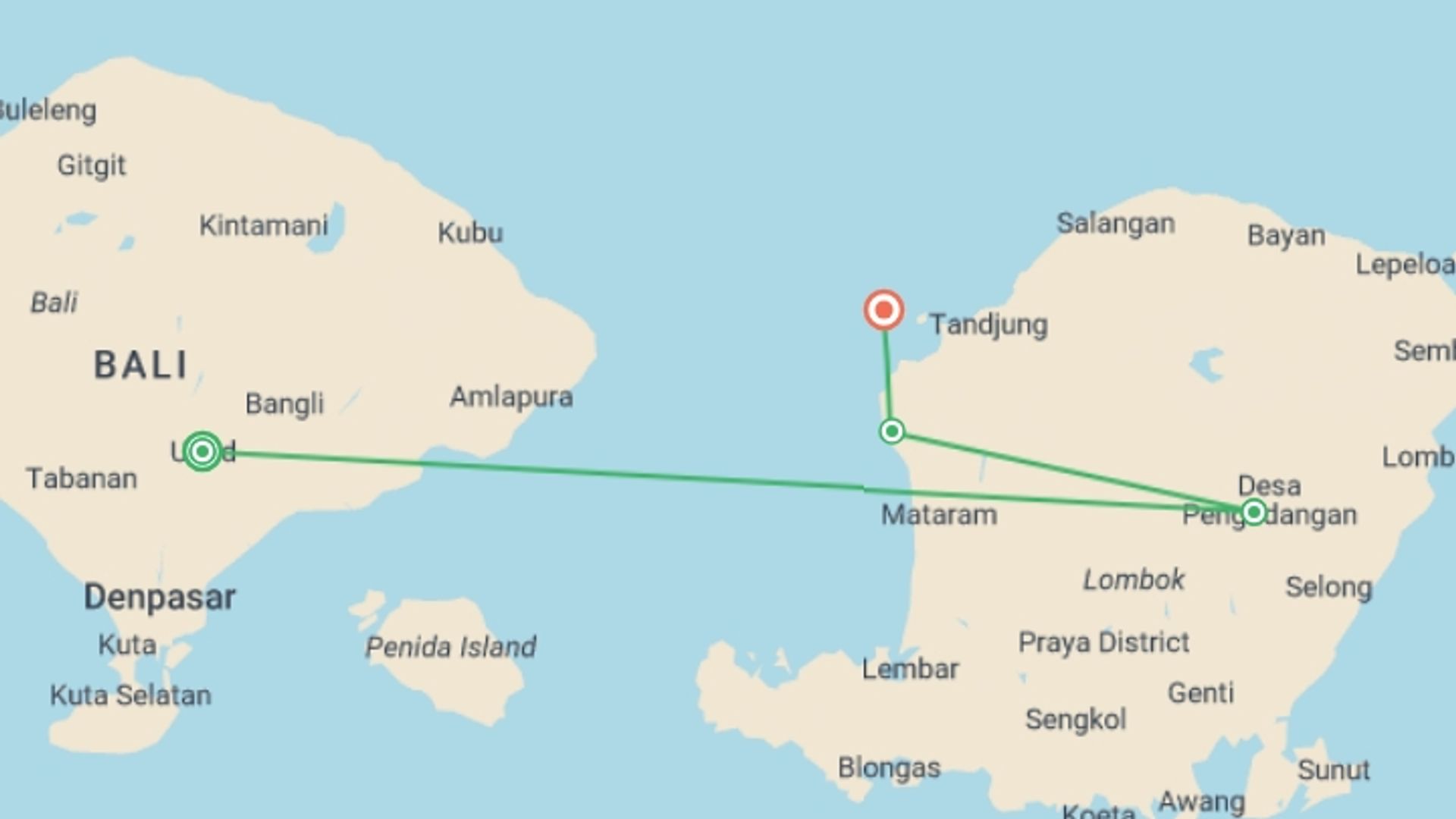 A map showing the tour itinerary for the trip: Ubud to Lombok: Temples, Jungles & Island Vibes, starting in Ubud, Indonesia and ending in Gili Trawangan, Indonesia going through 2 other destinations.