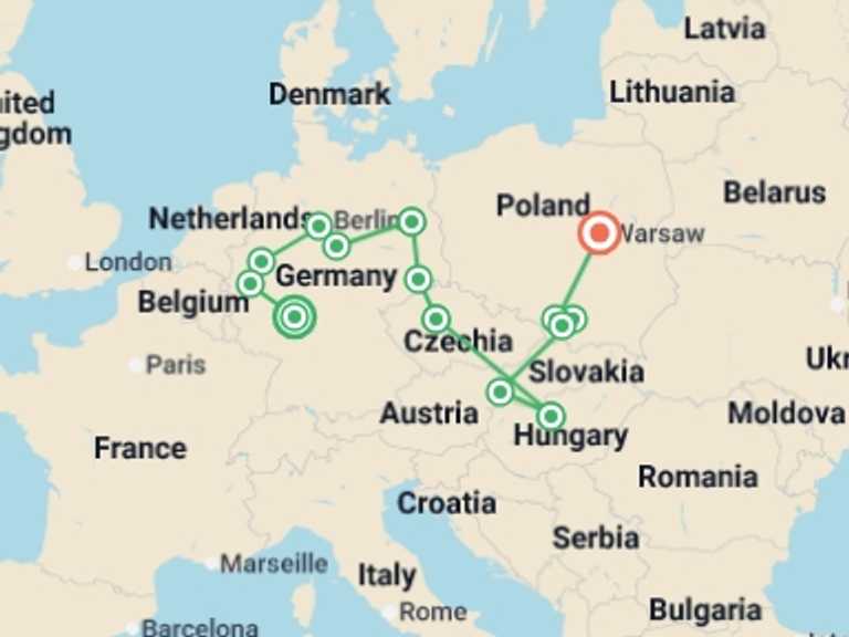 Map of Europe Explorer Tour with 8 destination visits for the trip: Germany and Eastern Europe