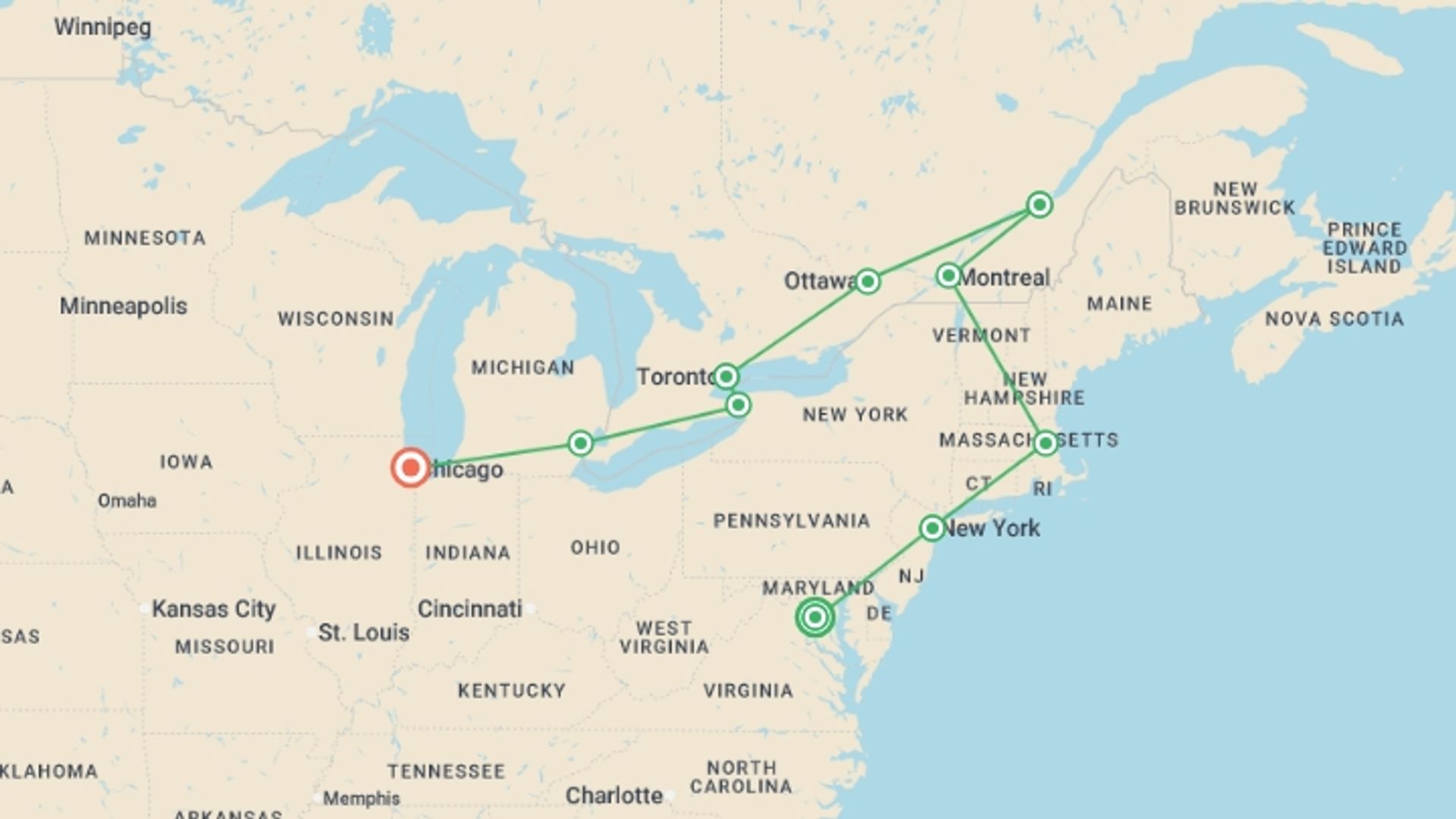A map showing the tour itinerary for the trip: Eastern Round ends Chicago, starting in Washington D.C., USA and ending in Chicago, USA going through 8 other destinations.