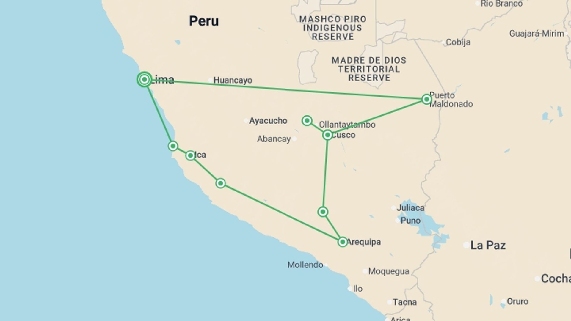A map showing the tour itinerary for the trip: Walking With The Incas, starting in Lima, Peru and ending in Lima, Peru going through 8 other destinations.