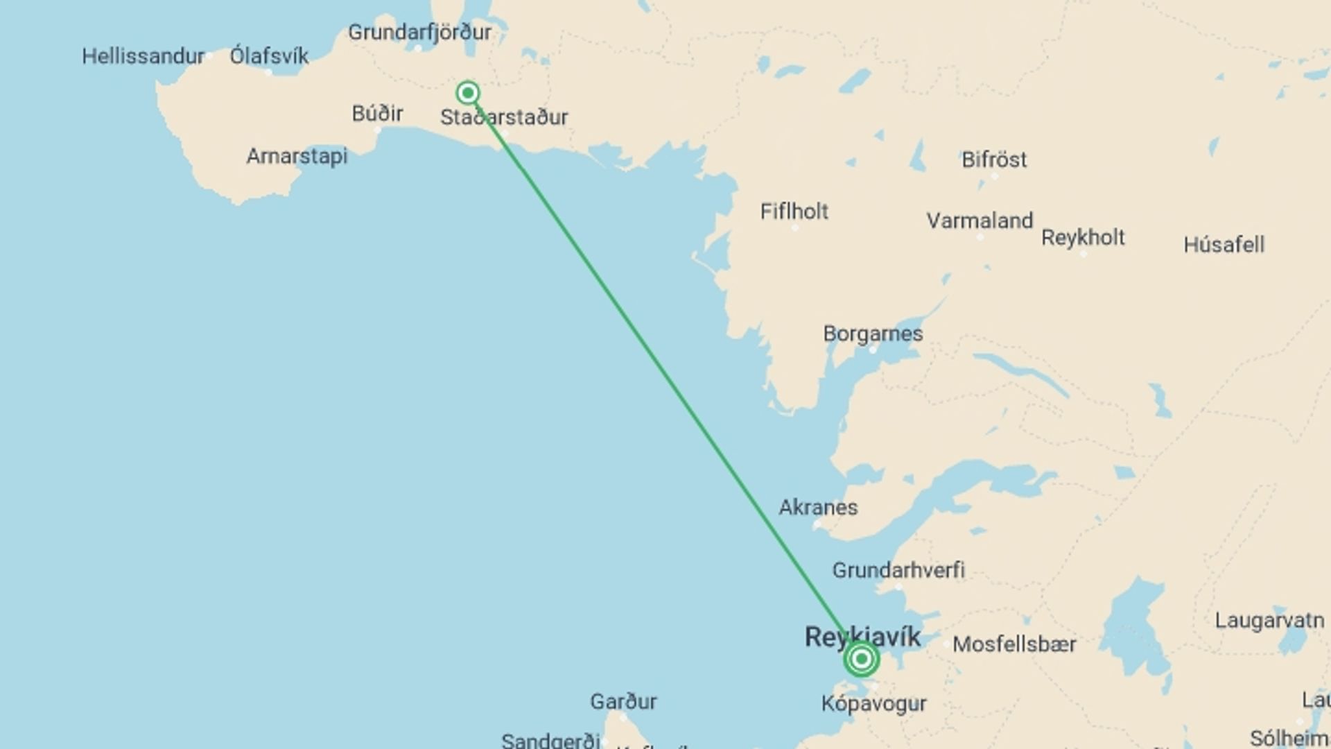 A map showing the tour itinerary for the trip: Three Days in Iceland: Reykjavik & Snæfellsnes Peninsula, starting in Reykjavik, Iceland and ending in Reykjavik, Iceland going through 1 other destinations.