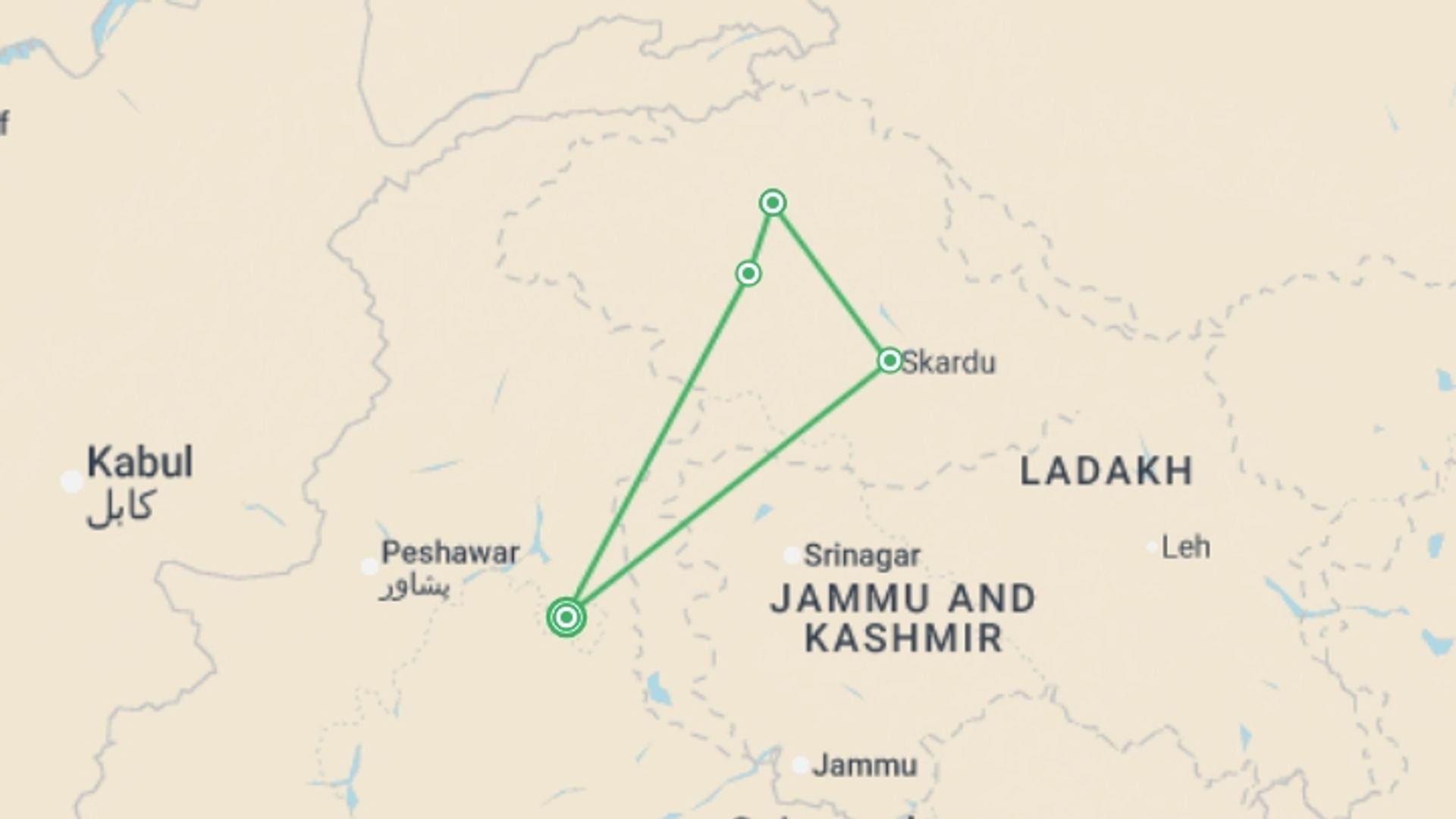 A map showing the tour itinerary for the trip: Peaks of Pakistan - 8 days, starting in Islamabad, Pakistan and ending in Islamabad, Pakistan going through 3 other destinations.