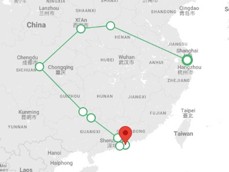 Map of Asia Tour with 9 destination visits for the trip: Discover China end Hong Kong
