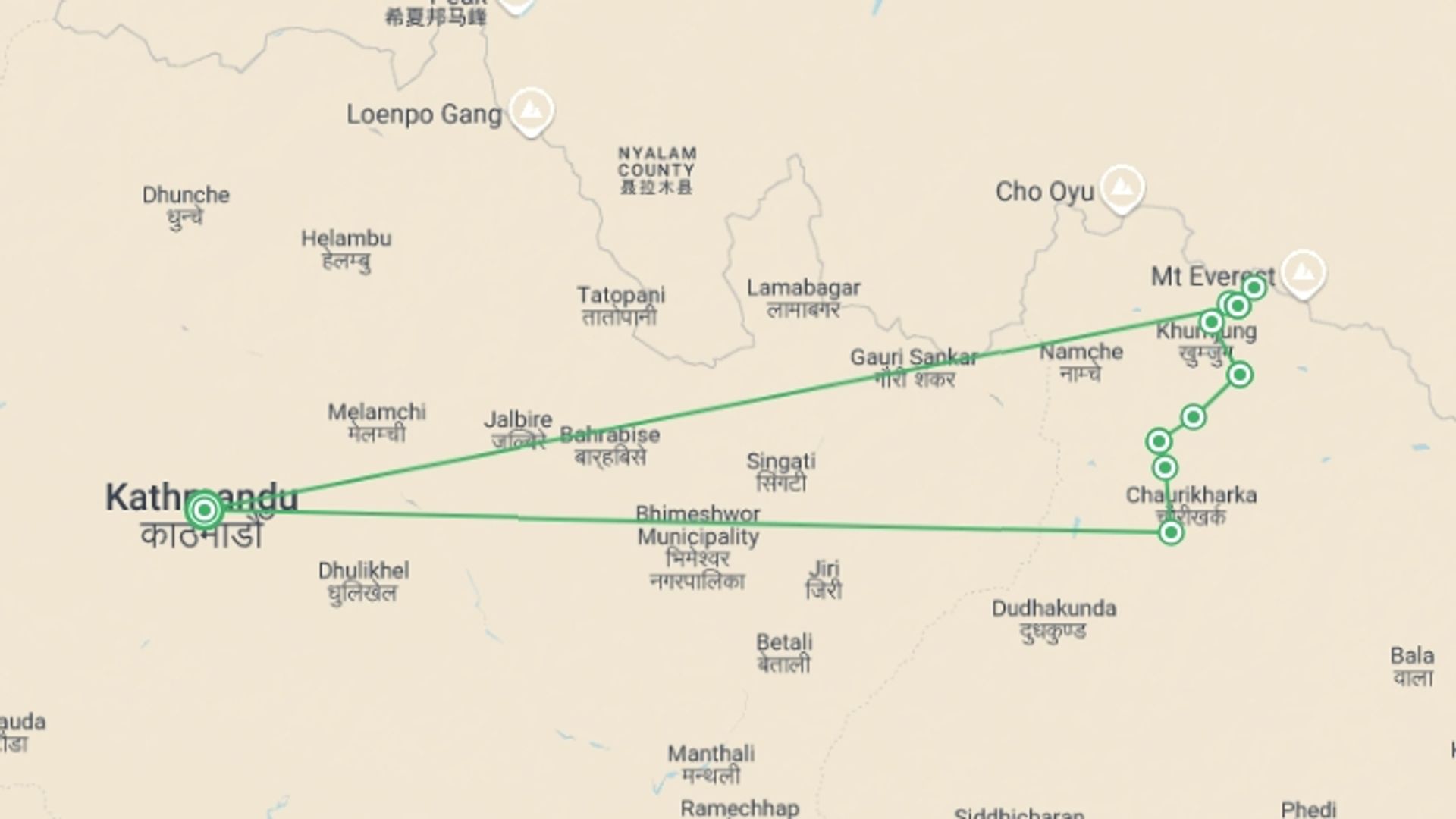 A map showing the tour itinerary for the trip: Everest Base Camp Trek Helicopter Return , starting in Kathmandu, Nepal and ending in Kathmandu, Nepal going through 7 other destinations.