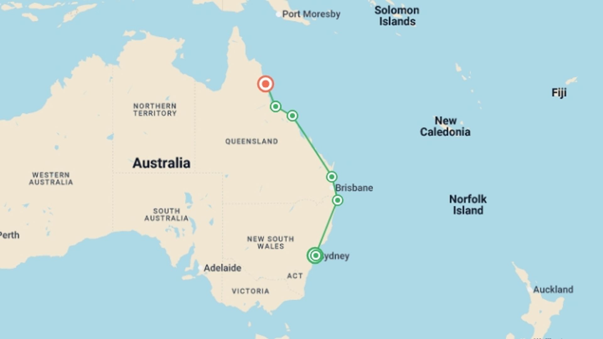 A map showing the tour itinerary for the trip: Australia: Beaches and Reefs, starting in Sydney and NSW, Australia and ending in Cairns, Australia going through 5 other destinations.