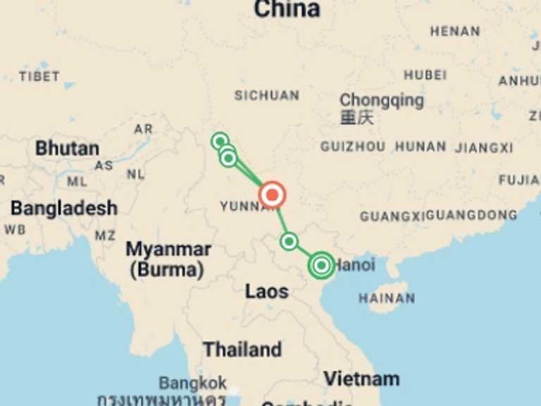 Map of Indochina Tour with 6 destination visits for the trip: Vietnam & China: Hanoi to Kunming by Rail