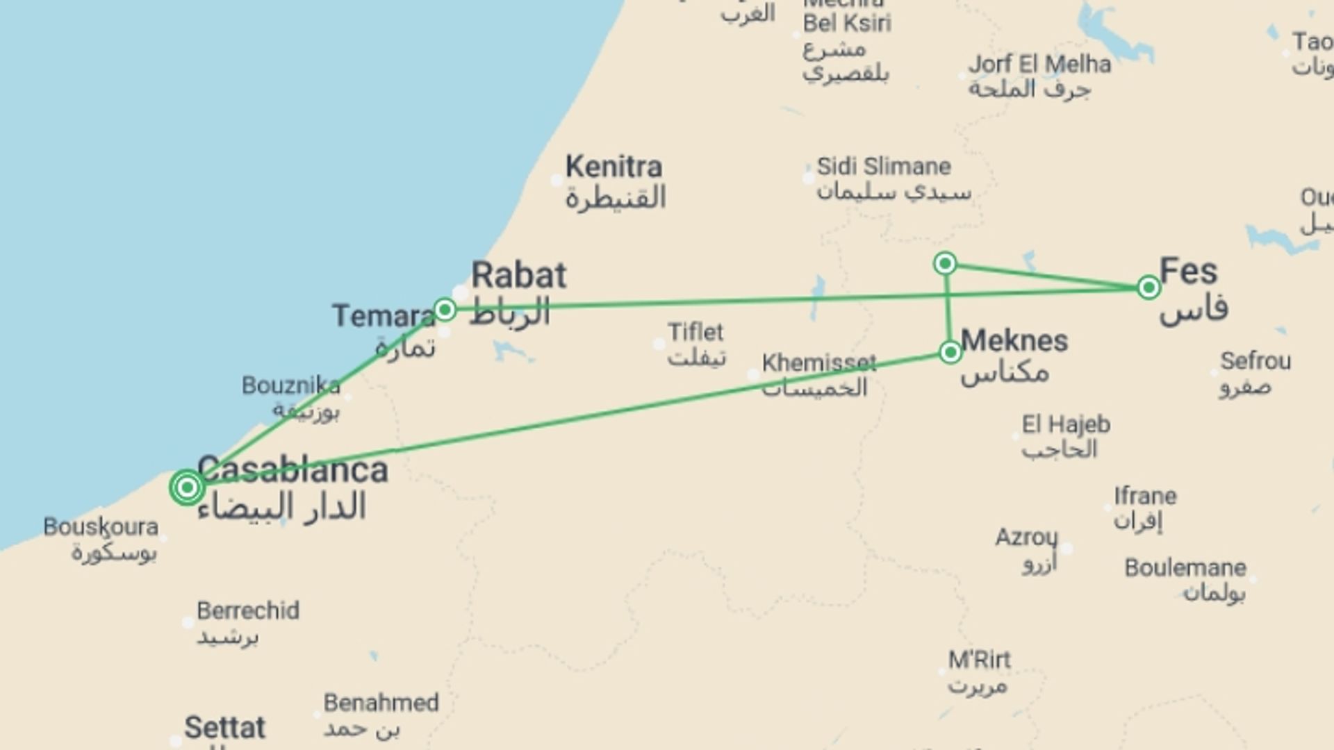 A map showing the tour itinerary for the trip: Casablanca & Fes - 5 days, starting in Casablanca, Morocco and ending in Casablanca, Morocco going through 1 other destinations.