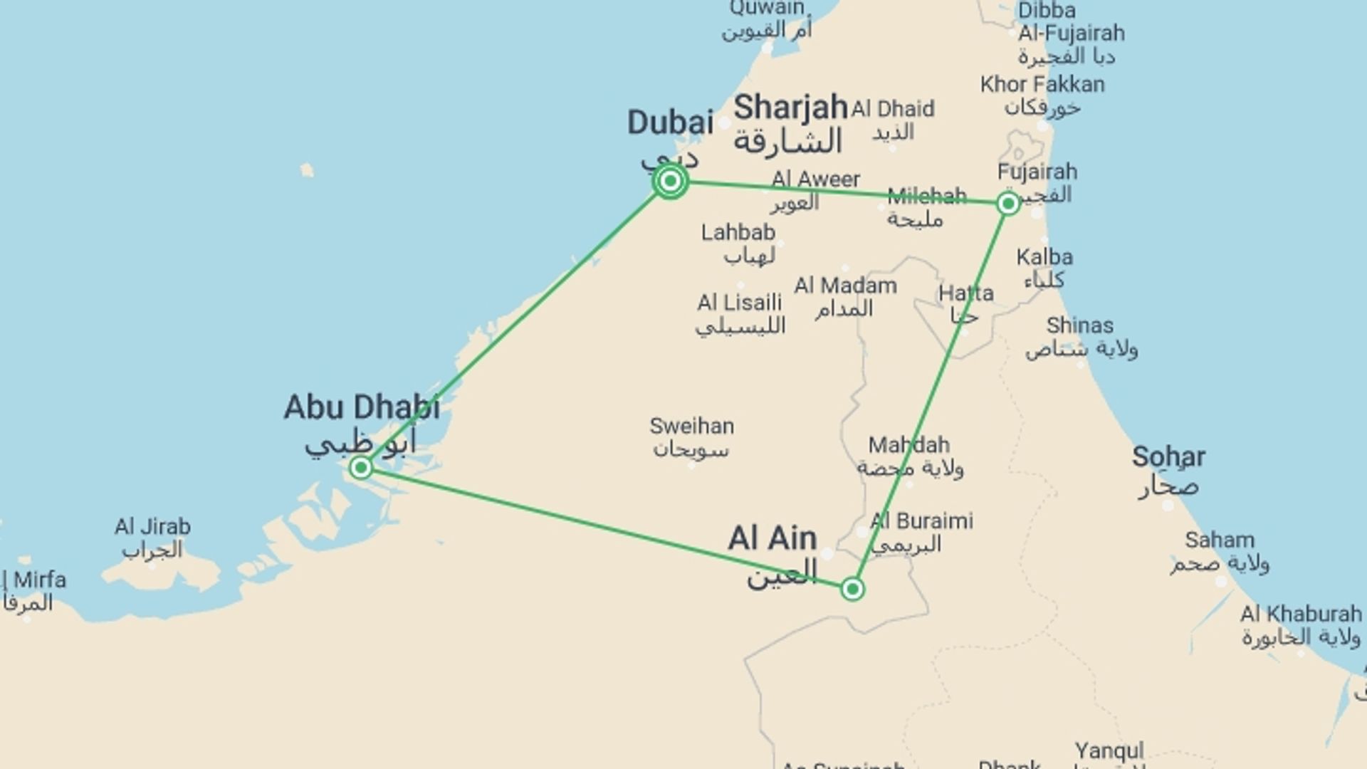 A map showing the tour itinerary for the trip: Dubai and the best of the United Arab Emirates, starting in Dubai, UAE and ending in Dubai, UAE going through 3 other destinations.