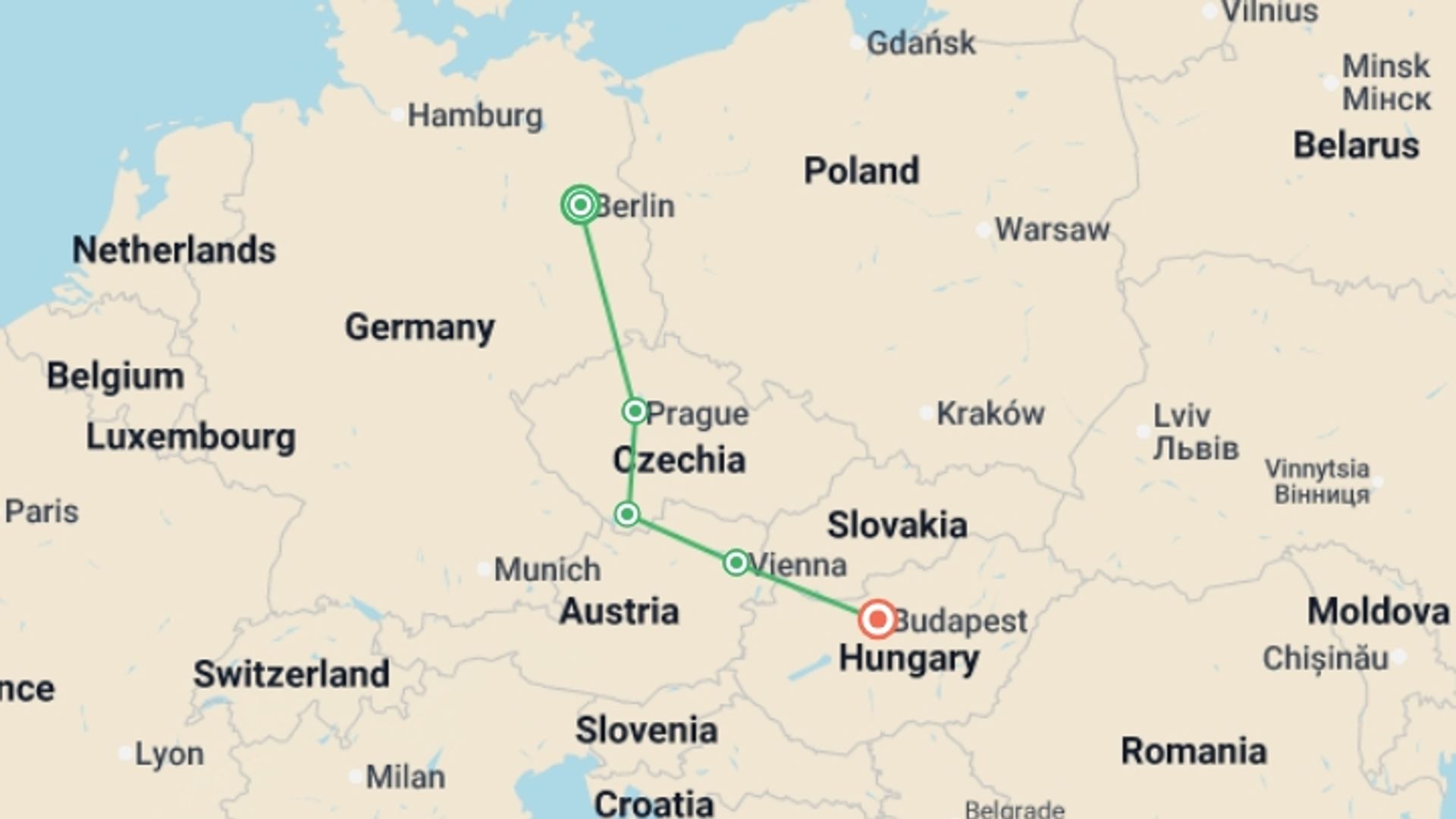 A map showing the tour itinerary for the trip: Journeys: Explore Central Europe, starting in Berlin, Germany and ending in Budapest, Hungary going through 3 other destinations.