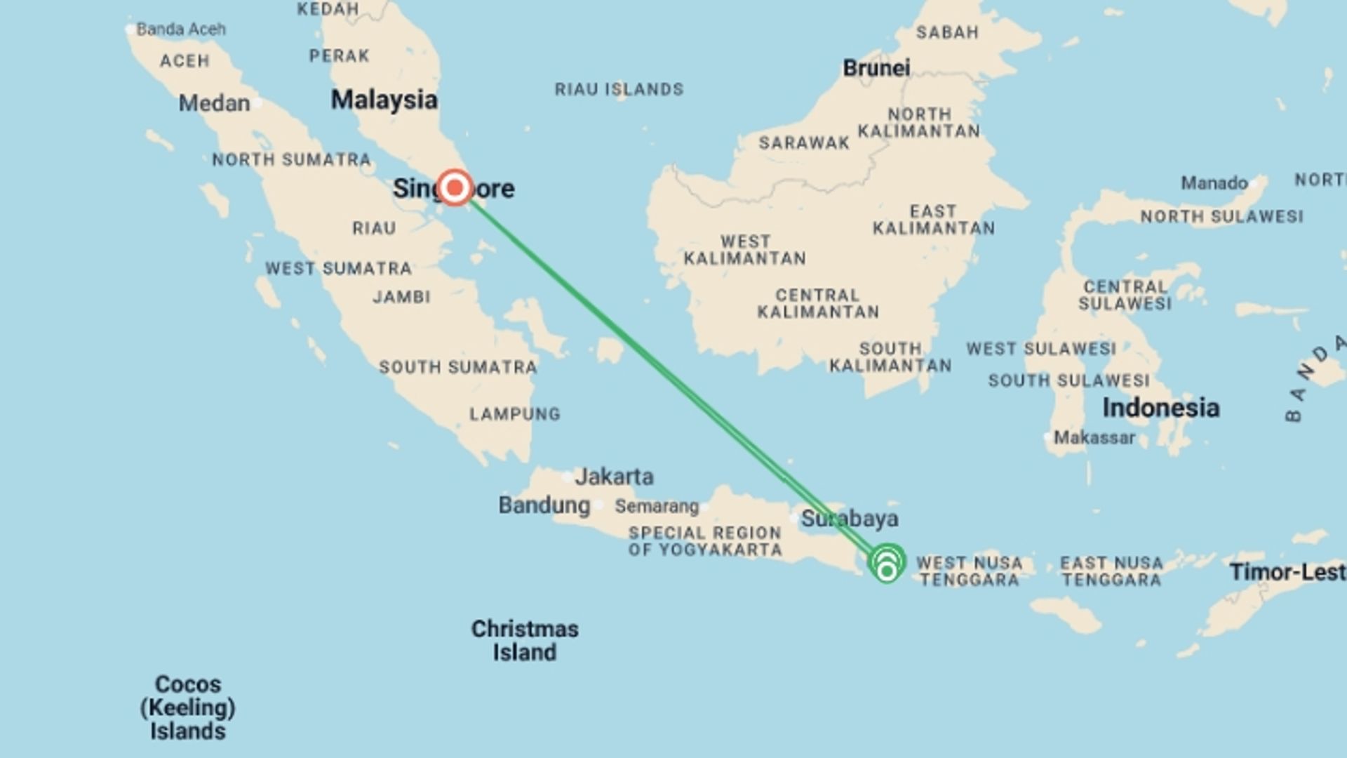 A map showing the tour itinerary for the trip: Amazing Bali and Singapore, starting in Bali, Indonesia and ending in Singapore, Singapore going through 1 other destinations.