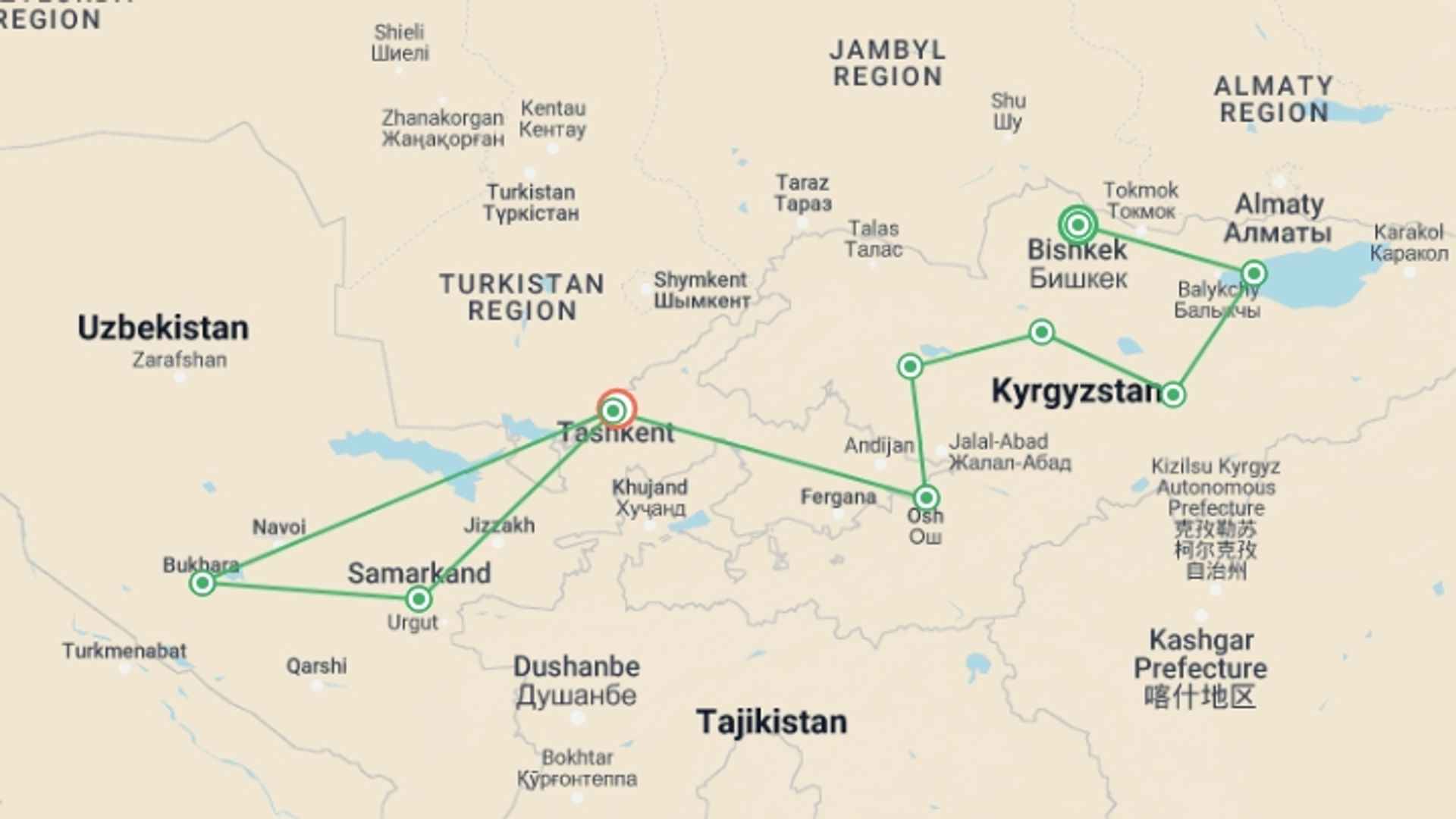 A map showing the tour itinerary for the trip: Central Asia Explorer, starting in Bishkek, Kyrgyzstan and ending in Tashkent, Uzbekistan going through 7 other destinations.