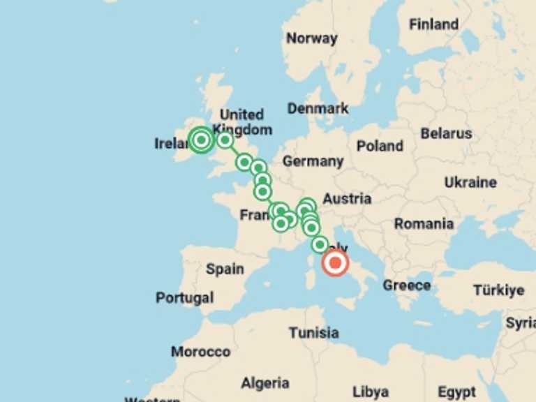 Map of Milan City sightseeing Tour with 8 destination visits for the trip: Crossing Europe end Rome