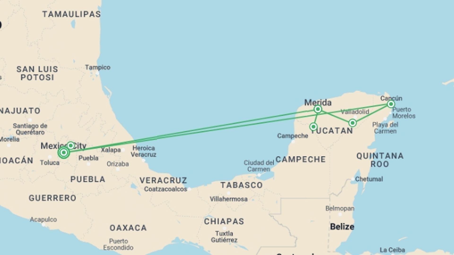 A map showing the tour itinerary for the trip: Mexico City & Merida City (delight Mexican Cuisine), starting in Mexico City, Mexico and ending in Mexico City, Mexico going through 2 other destinations.