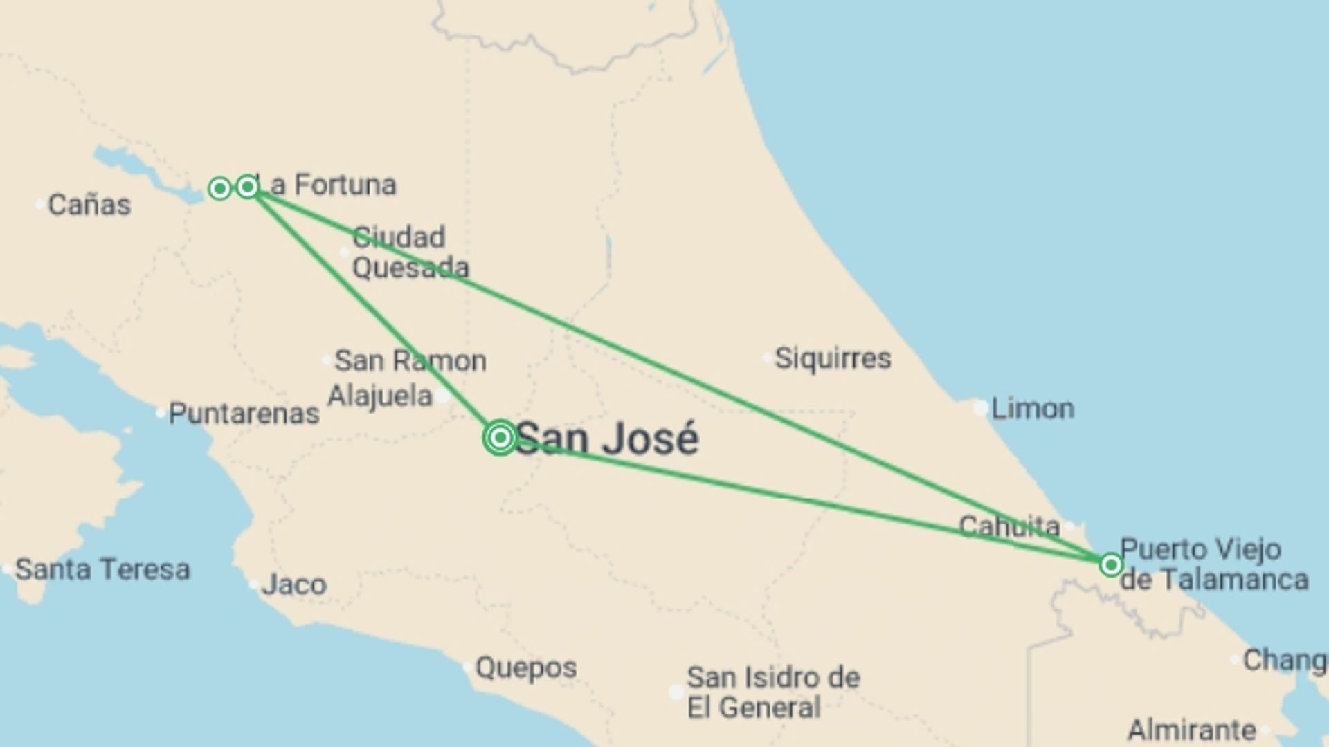 A map showing the tour itinerary for the trip: Costa Rica Nature Explorer 8D/7N, starting in San Jose, Costa Rica and ending in San Jose, Costa Rica going through 2 other destinations.