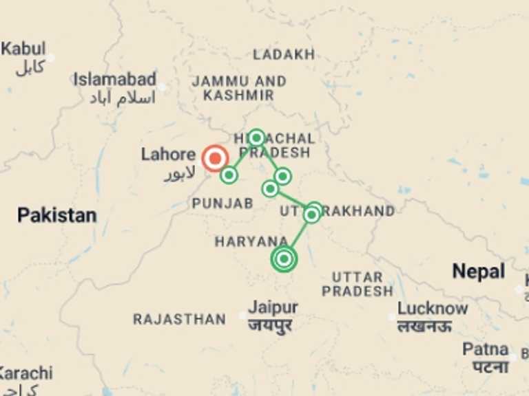 Map itinerary of New Delhi Tour in February 2026 with 8 destination visits for the trip: Spiritual India - Foothills of the Himalaya