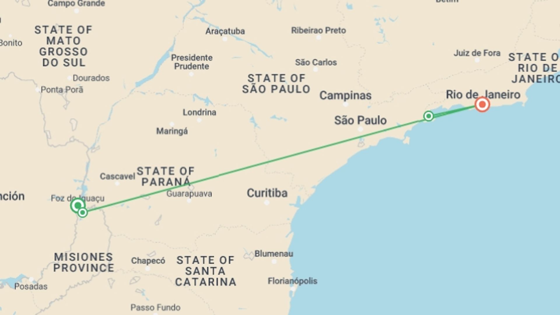 A map showing the tour itinerary for the trip: Classic Brazil, starting in Foz Do Iguacu, Brazil and ending in Rio de Janeiro, Brazil going through 2 other destinations.