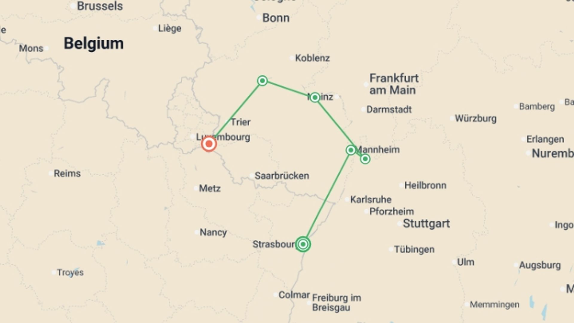 A map showing the tour itinerary for the trip: 4 Rivers: The Neckar, Romantic Rhine, Moselle, and Sarre Valleys (port-to-port cruise), starting in Strasbourg, France and ending in Remich, Luxembourg going through 3 other destinations.