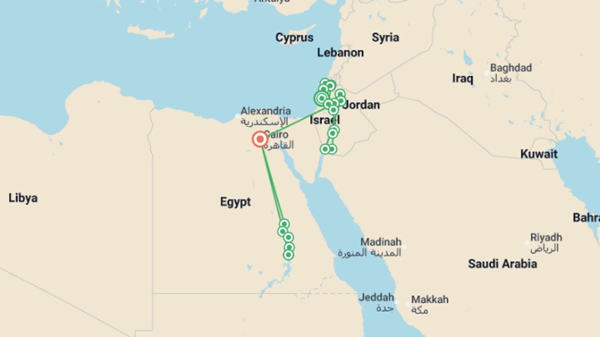 A map showing the tour itinerary for the trip: Israel, Jordan and Egypt Nile Jewels, starting in Tel Aviv, Israel and ending in Cairo, Egypt going through 10 other destinations.