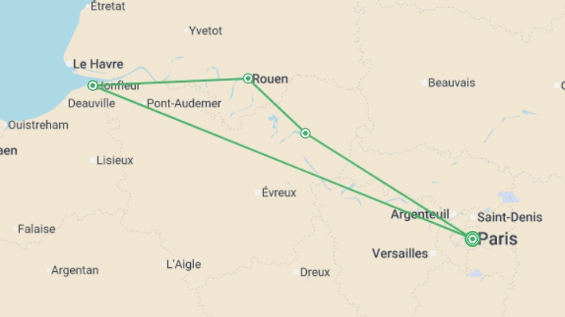A map showing the tour itinerary for the trip: Cultural cruise along the Seine; Versailles, Paris, and Normandy (port-to-port cruise), starting in Paris, France and ending in Paris, France going through 3 other destinations.