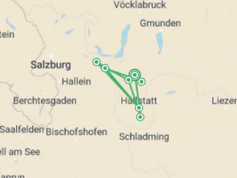 Map itinerary of Austria Tour in August 2026 with 7 destination visits for the trip: Self-Guided Walking in Austria's Lake District