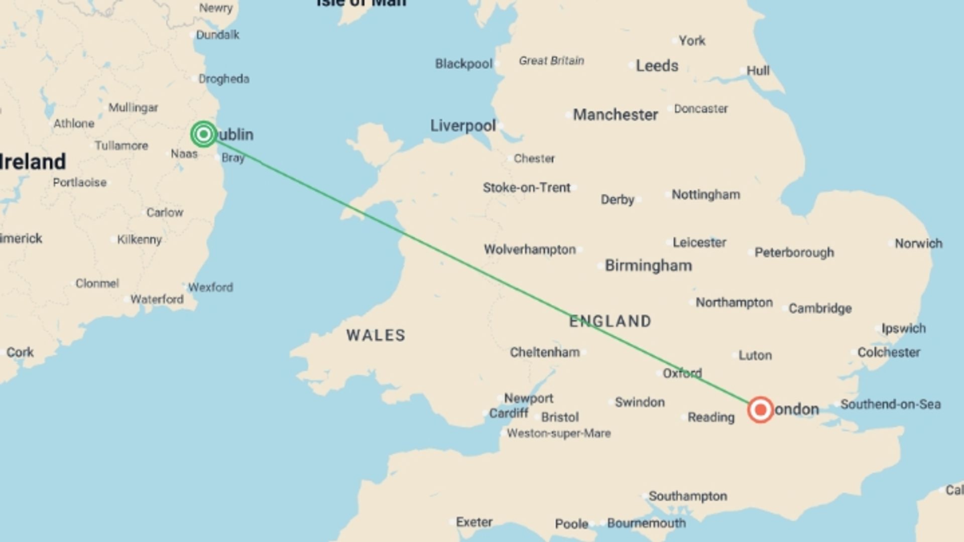 A map showing the tour itinerary for the trip: Exploring the United Kingdom and Dublin, starting in Dublin, Ireland and ending in London, England going through 0 other destinations.