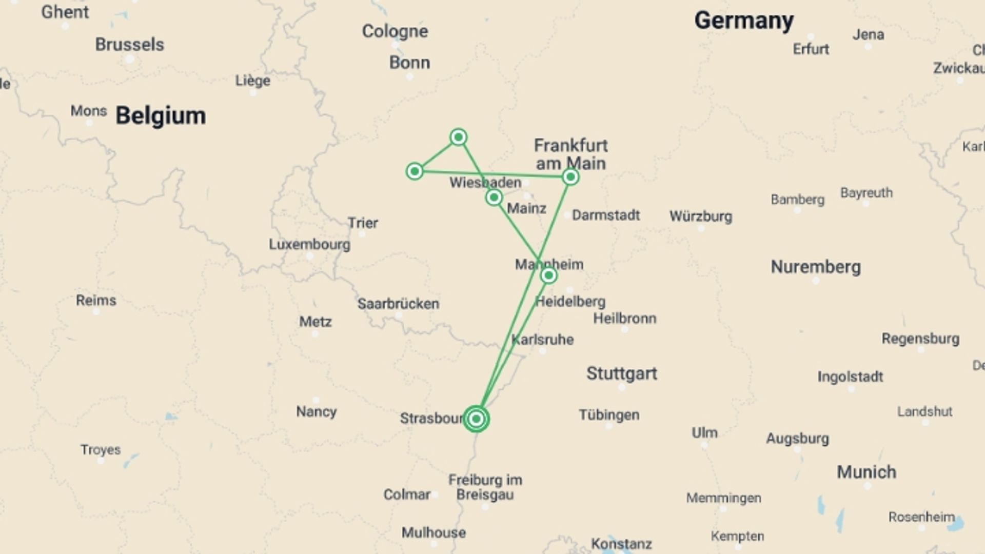 A map showing the tour itinerary for the trip: The Valley of the romantic Rhine, the Moselle and the Main (port-to-port cruise), starting in Strasbourg, France and ending in Strasbourg, France going through 5 other destinations.