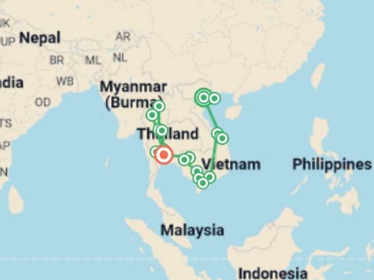 Map itinerary of Bangkok Tour in June 2026 with 14 destination visits for the trip: Ultimate Vietnam & Cambodia & Thailand ends Bangkok (4 Star Hotels)
