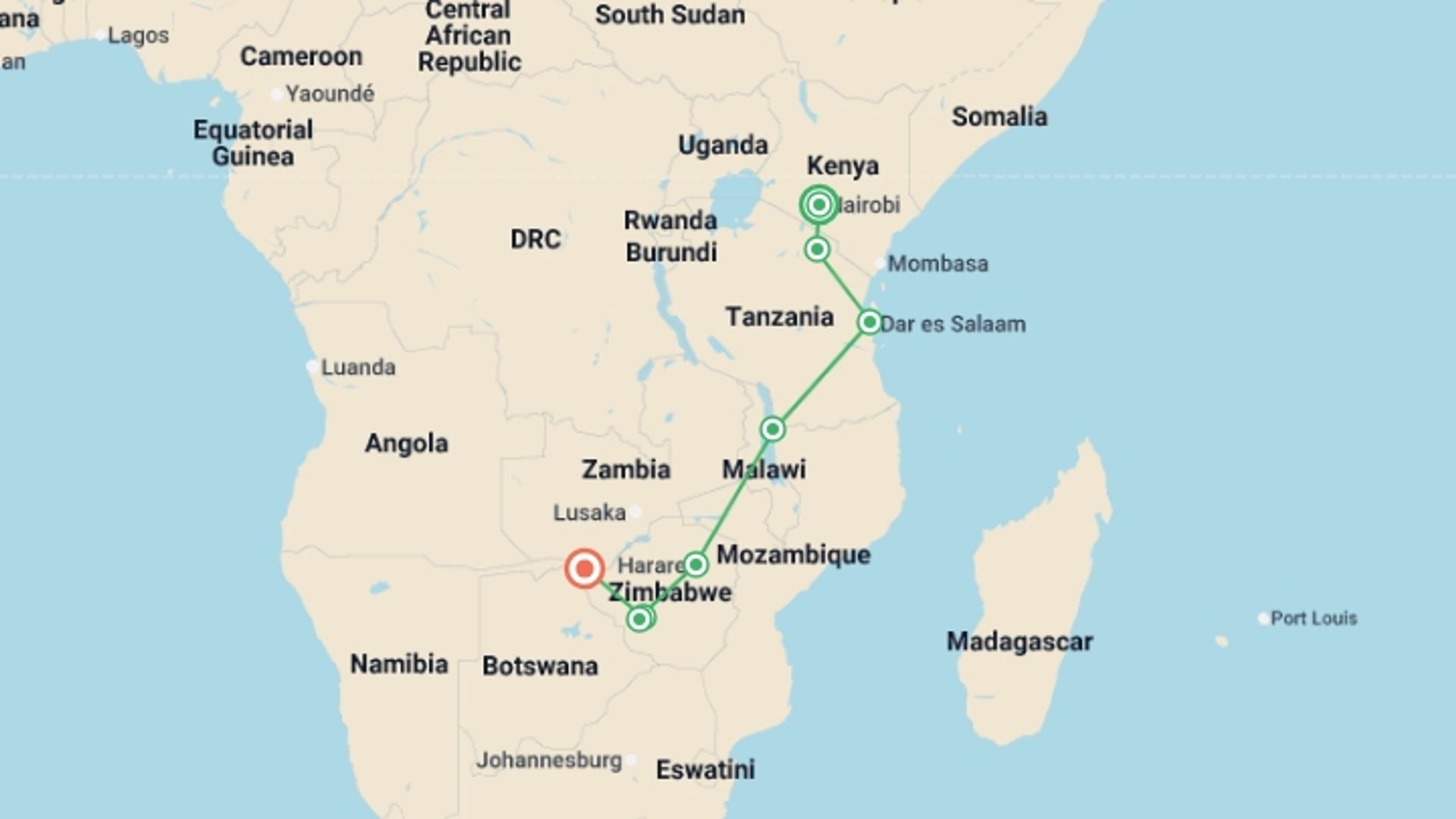 A map showing the tour itinerary for the trip: Nairobi To Victoria Falls (34 Days), starting in Nairobi, Kenya and ending in Victoria Falls, Zimbabwe going through 7 other destinations.