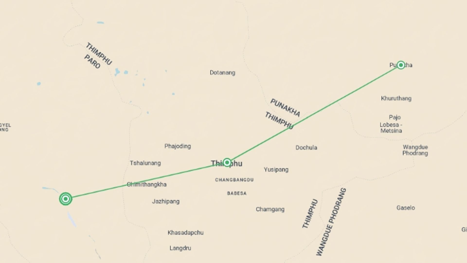 A map showing the tour itinerary for the trip: Explore Bhutan In 5 Days, starting in Paro, Bhutan and ending in Paro, Bhutan going through 2 other destinations.