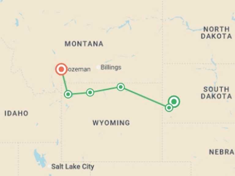 Map itinerary of North America Tour in September 2027 with 6 destination visits for the trip: South Dakota to Yellowstone Parks Explorer