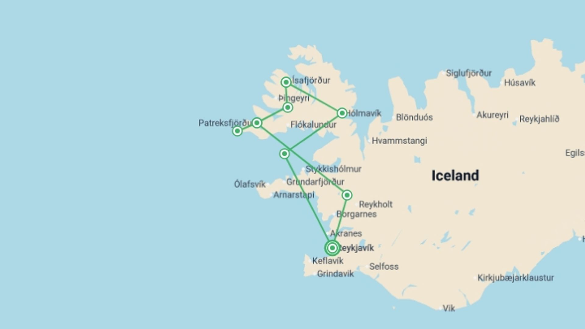 A map showing the tour itinerary for the trip: Westfjords of Iceland - 8 days, starting in Reykjavik, Iceland and ending in Reykjavik, Iceland going through 3 other destinations.