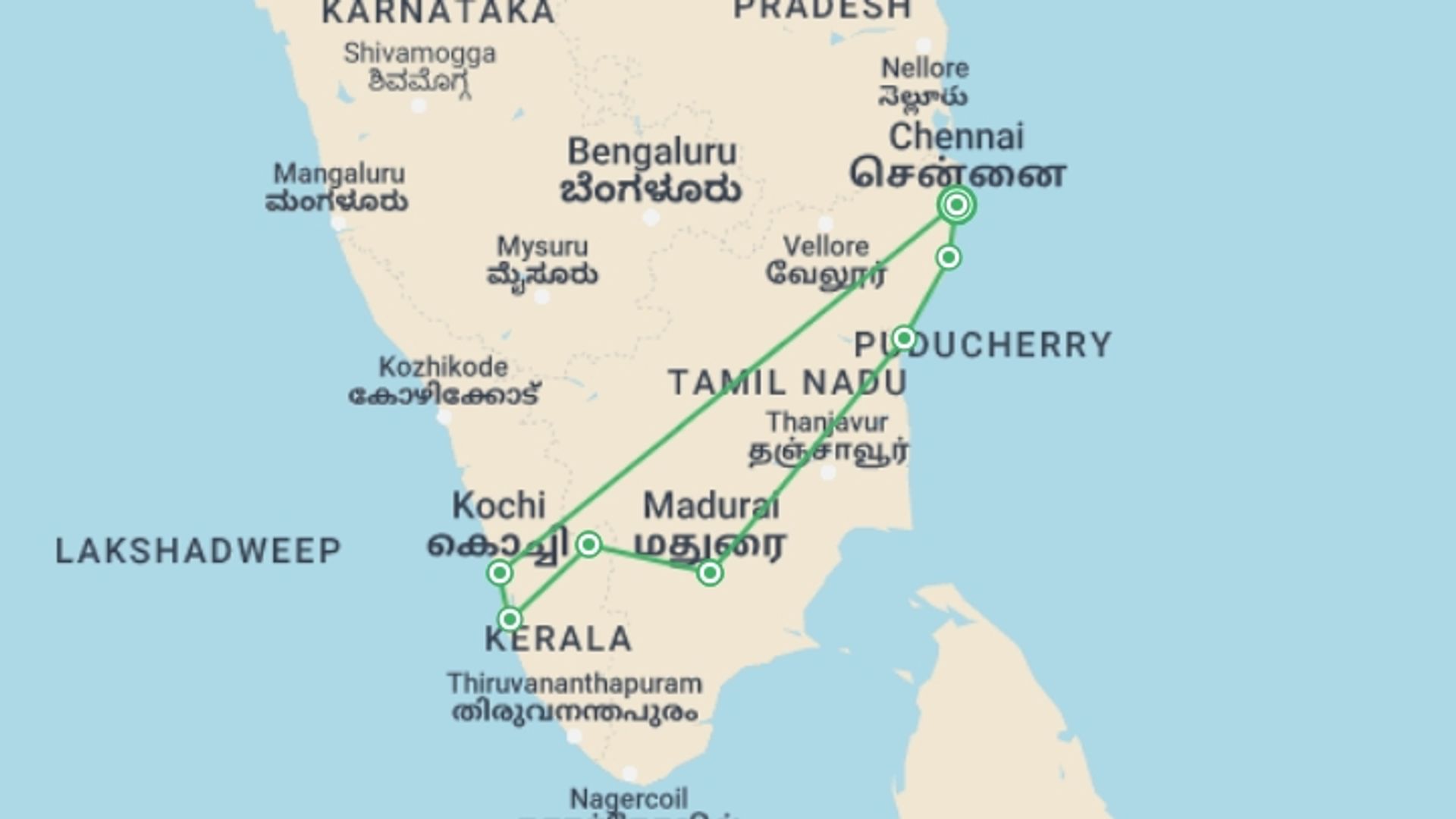 A map showing the tour itinerary for the trip: Road Cycling India Coast to Coast, starting in Chennai, India and ending in Chennai, India going through 6 other destinations.