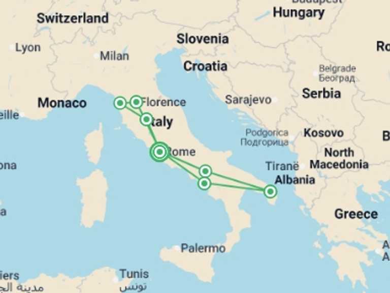 Map itinerary of Italy Tour in August 2026 with 7 destination visits for the trip: Amalfi, Apulia & Tuscany - 13 days