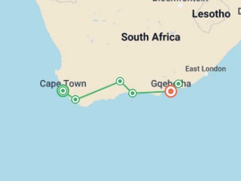 Map itinerary of Cape Town Tour in December 2026 with 7 destination visits for the trip: Discover South Africa's Garden Route
