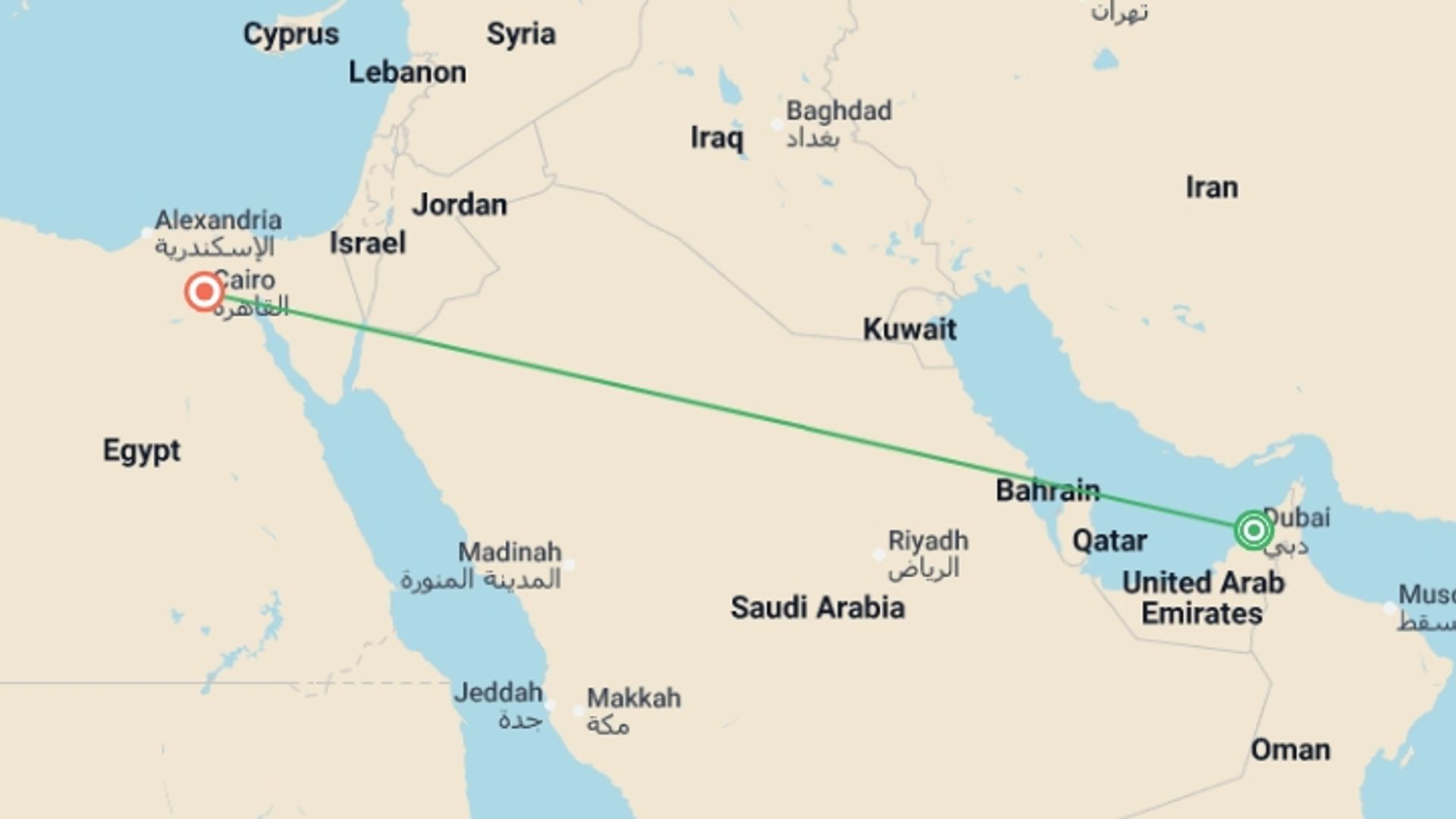 A map showing the tour itinerary for the trip: Delightful Dubai and Cairo, starting in Dubai, UAE and ending in Cairo, Egypt going through 0 other destinations.
