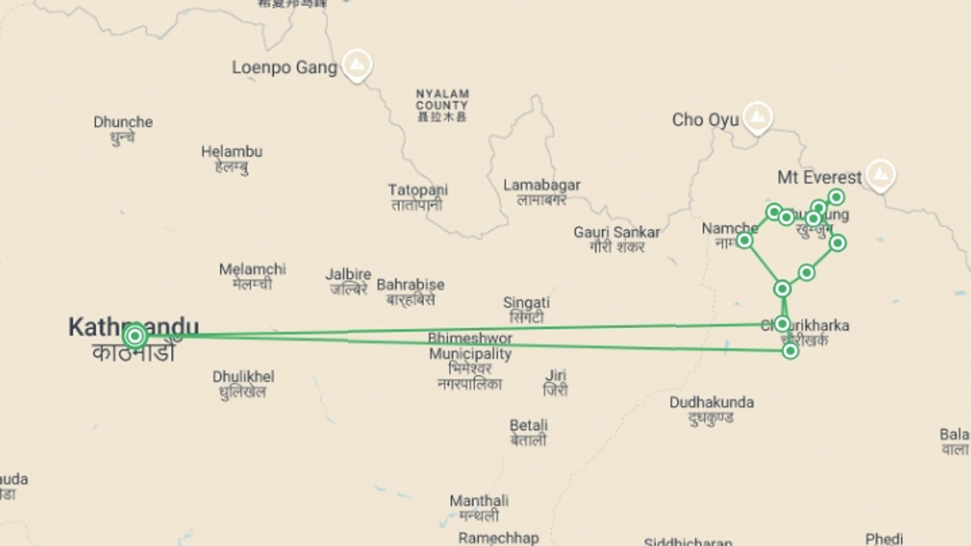 A map showing the tour itinerary for the trip: Everest Base Camp and Three Passes Trek, starting in Kathmandu, Nepal and ending in Kathmandu, Nepal going through 12 other destinations.