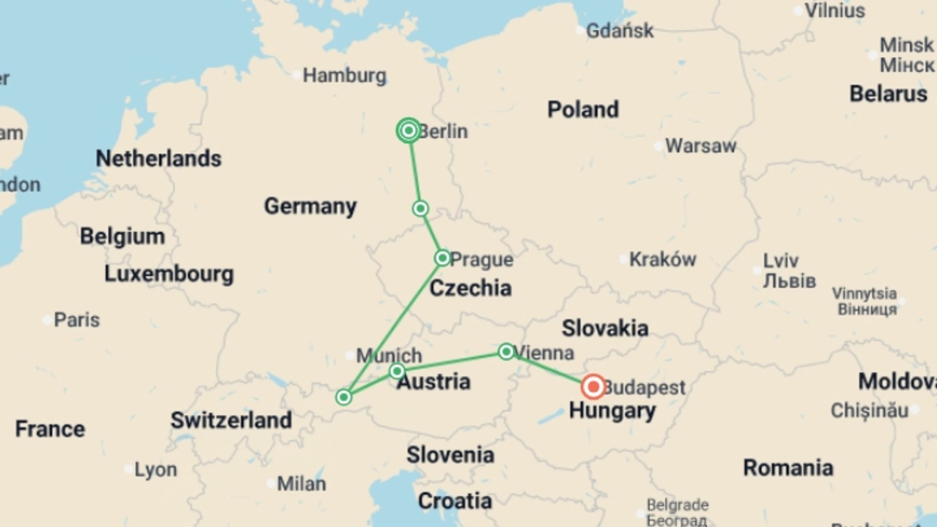 A map showing the tour itinerary for the trip: Solo Lite Berlin to Budapest Journey, starting in Berlin, Germany and ending in Budapest, Hungary going through 6 other destinations.