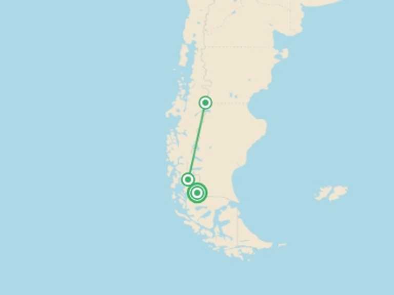 Map itinerary of South America Tour in January 2027 with 3 destination visits for the trip: Patagonia Independent Short Break: Torres Del Paine