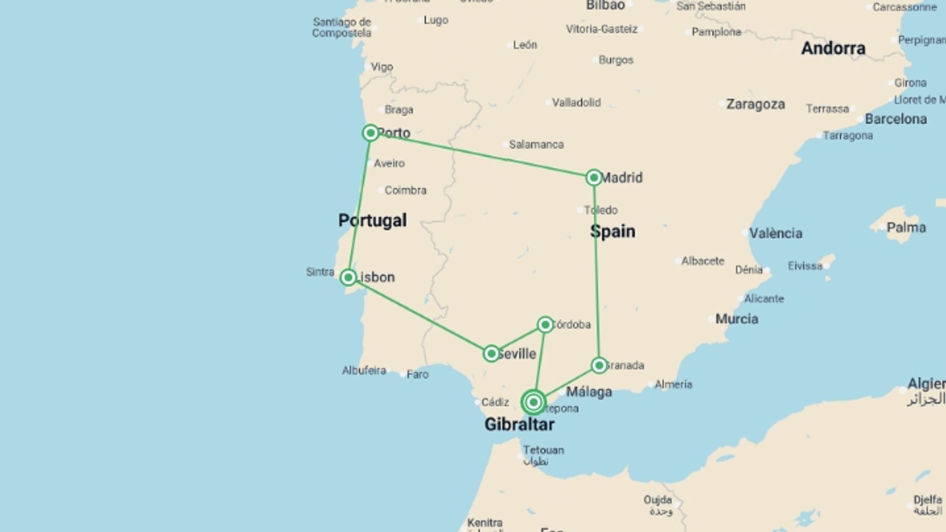 A map showing the tour itinerary for the trip: Andalucia & Portugal Highlights - 10 days, starting in Costa del Sol, Spain and ending in Costa del Sol, Spain going through 6 other destinations.