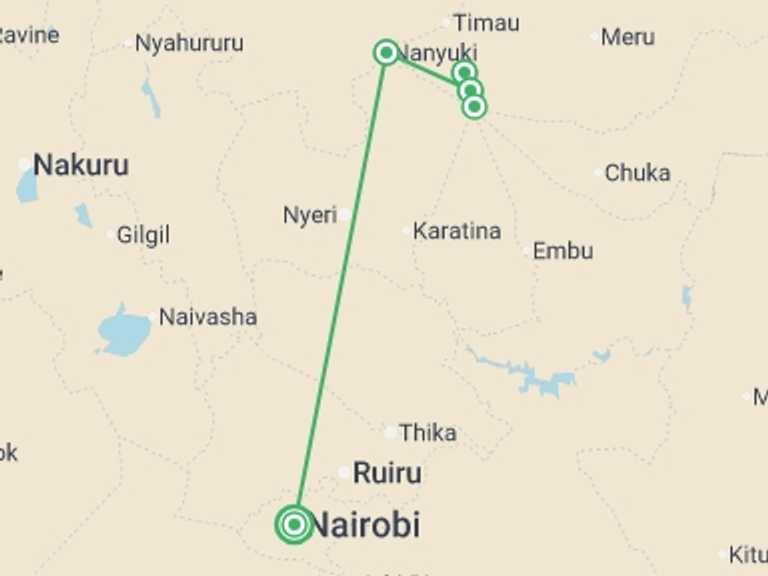 Map of Kenya Tour with 3 destination visits for the trip: Mount Kenya Trek (Sirimon Route) 4D/3N
