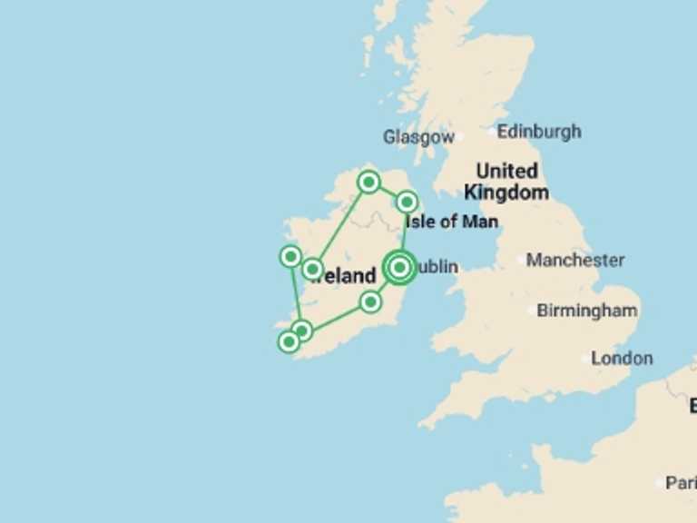 Map of Ireland Natural landmarks sightseeing Tour with 8 destination visits for the trip: Irish Experience