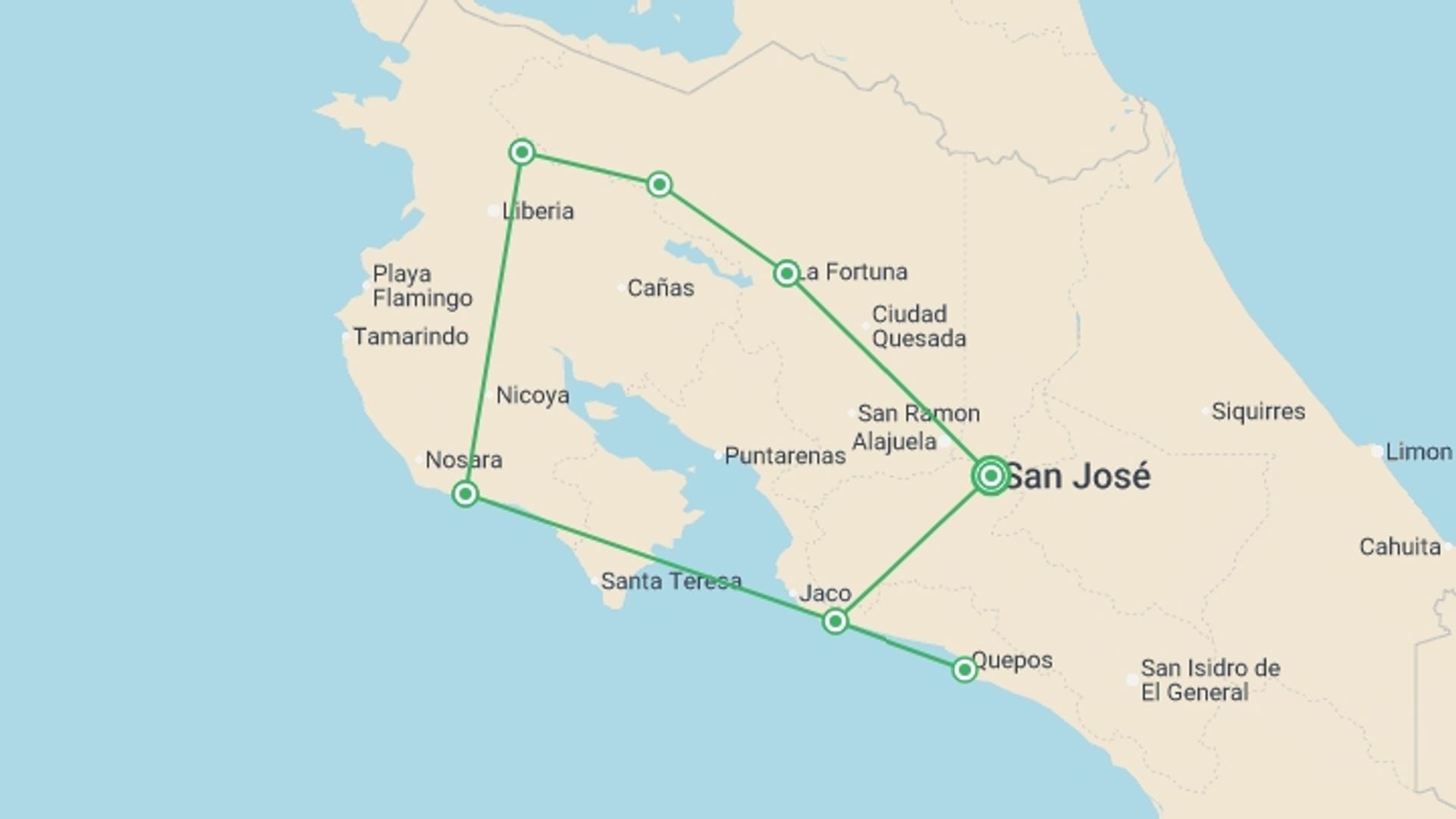 A map showing the tour itinerary for the trip: Classic Costa Rica Adventure  - 13 days, starting in San Jose, Costa Rica and ending in San Jose, Costa Rica going through 4 other destinations.