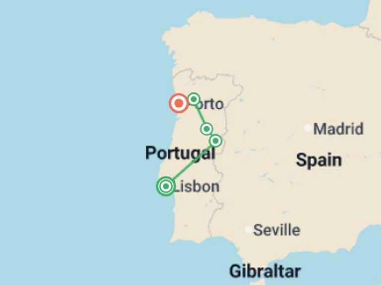 Map of Portugal Tour with 5 destination visits for the trip: Portugal: Coastal Walks, Vineyards & Villages of the Douro Valley
