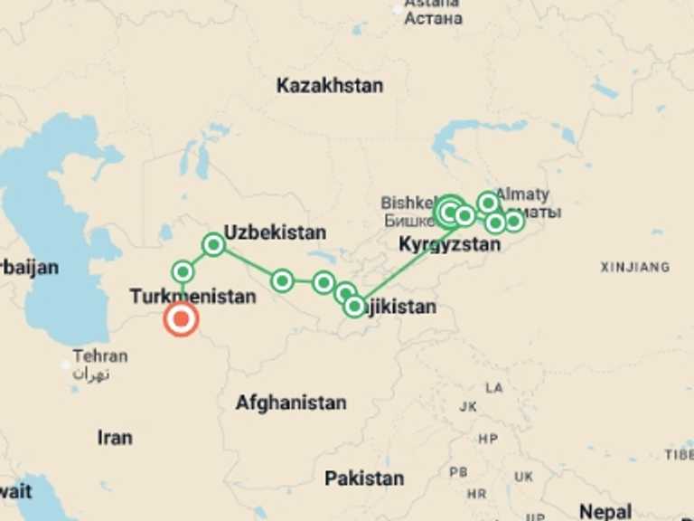 Map itinerary of Asia Tour in April 2027 with 12 destination visits for the trip: The Five Stans of The Silk Road