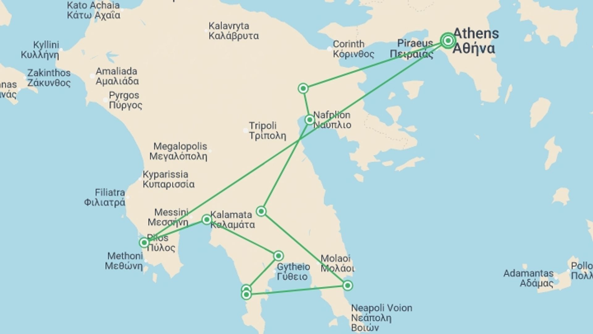 A map showing the tour itinerary for the trip: Grand Peloponnese, Self-drive, starting in Athens, Greece and ending in Athens, Greece going through 5 other destinations.