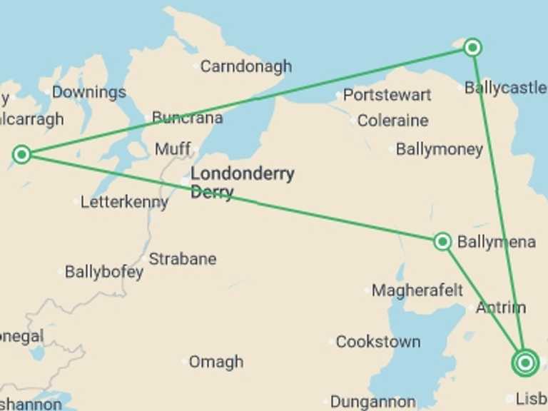 Map itinerary of Europe Tour in June 2026 with 4 destination visits for the trip: Walk Northern Ireland and Donegal