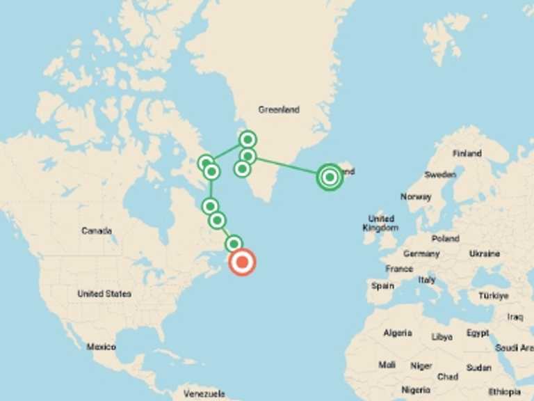 Map of Polar Wildlife Tour with 12 destination visits for the trip: Greenland to Newfoundland: Mountains, Wildlife and Viking History