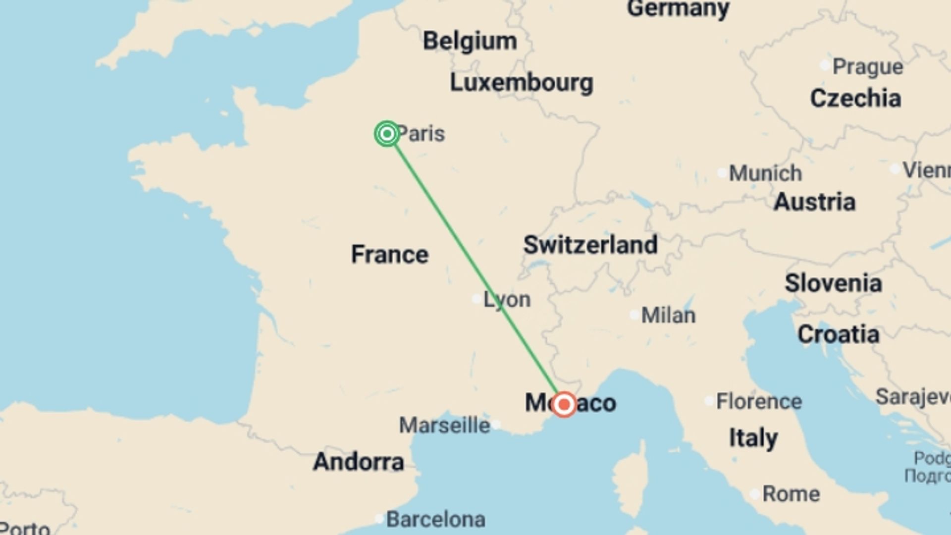 A map showing the tour itinerary for the trip: Paris and Nice by Rail, starting in Paris, France and ending in Nice, France going through 0 other destinations.